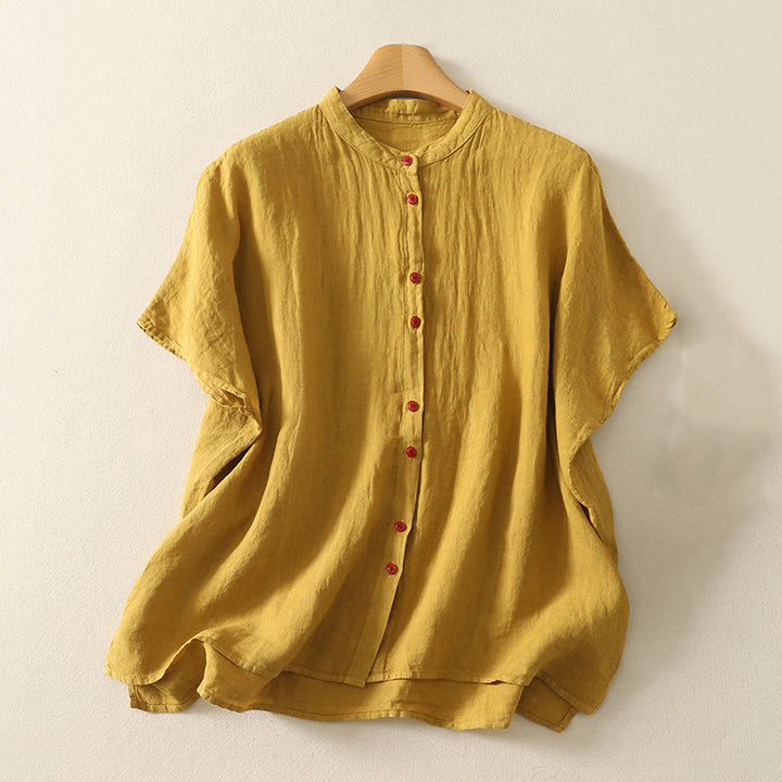 Camisa de lino y algodón de manga corta para mujer con botones rojos y lisos de verano Buddha Stones - Vara de oro - US14，UK/AU18，EU46 (2XL) - image 15