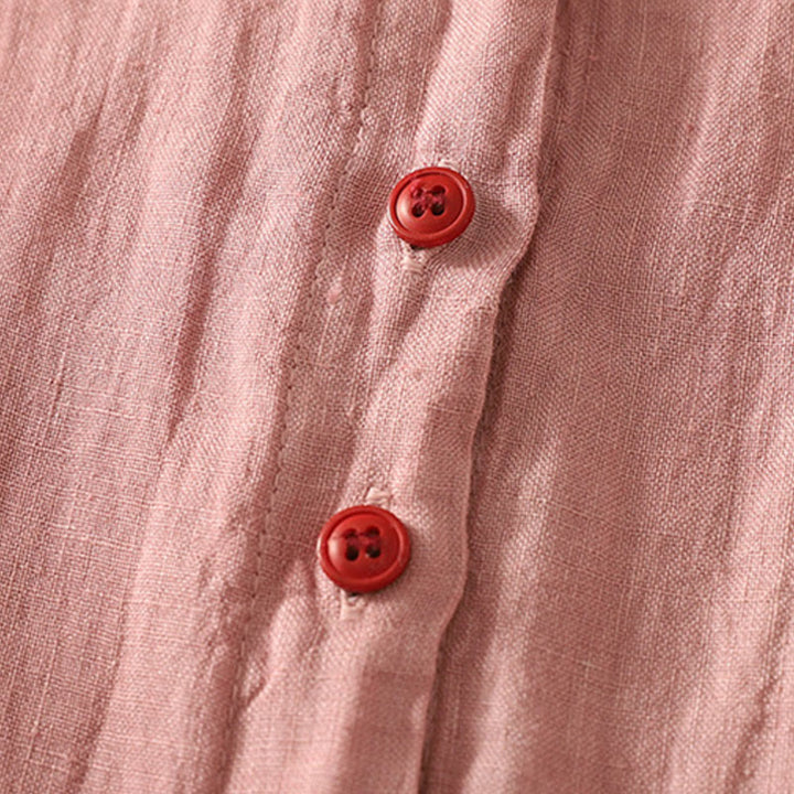 Camisa de mujer de manga corta con botones rojos lisos y estampado de Buddha Stones para verano. - image 8