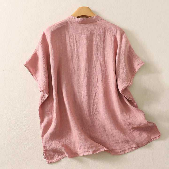 Camisa de mujer de manga corta con botones rojos lisos y estampado de Buddha Stones para verano. - image 5