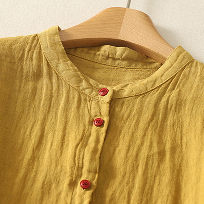 Camisa de lino y algodón de manga corta para mujer con botones rojos y lisos de verano Buddha Stones - image 16