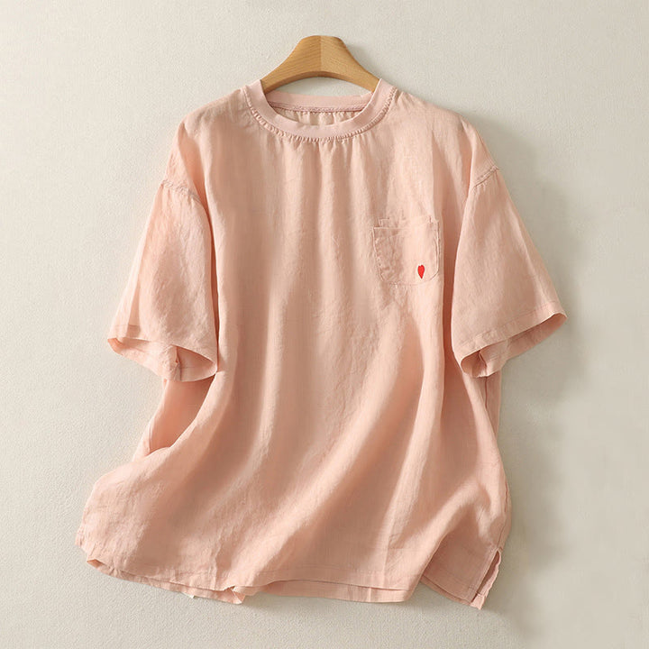 Camiseta de lino y algodón para mujer, de manga corta, con bordado informal de Buddha Stones y corazón rojo - Salmón claro - US14，UK/AU18，EU46 (2XL) - image 0