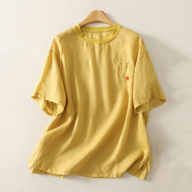 Camiseta de lino y algodón para mujer, de manga corta, con bordado informal de Buddha Stones y corazón rojo - Oro - US14，UK/AU18，EU46 (2XL) - image 9