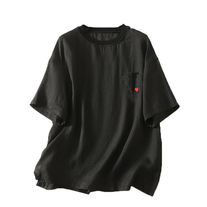 Camiseta de lino y algodón para mujer, de manga corta, con bordado informal de Buddha Stones y corazón rojo - image 18