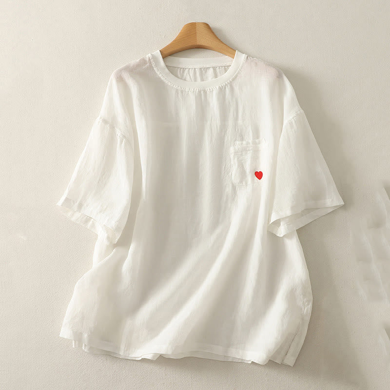 Camiseta de lino y algodón para mujer, de manga corta, con bordado informal de Buddha Stones y corazón rojo - Blanco - US14，UK/AU18，EU46 (2XL) - image 3