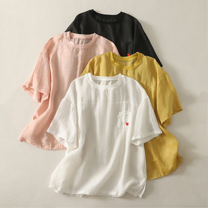 Camiseta de lino y algodón para mujer, de manga corta, con bordado informal de Buddha Stones y corazón rojo - image 19