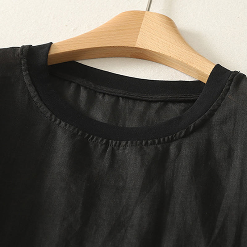 Camiseta de lino y algodón para mujer, de manga corta, con bordado informal de Buddha Stones y corazón rojo - image 14