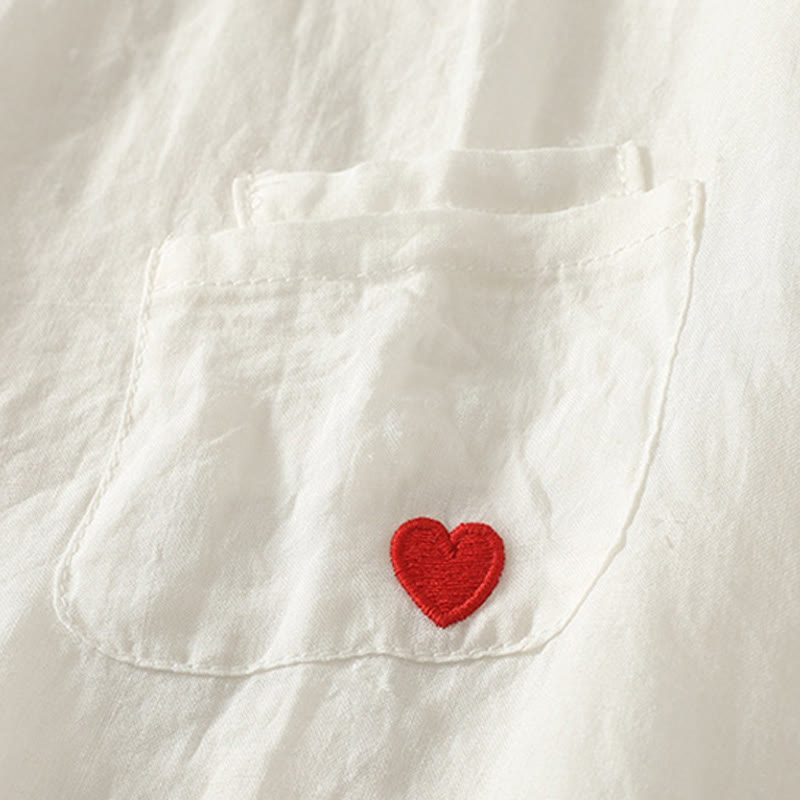 Camiseta de lino y algodón para mujer, de manga corta, con bordado informal de Buddha Stones y corazón rojo - image 6