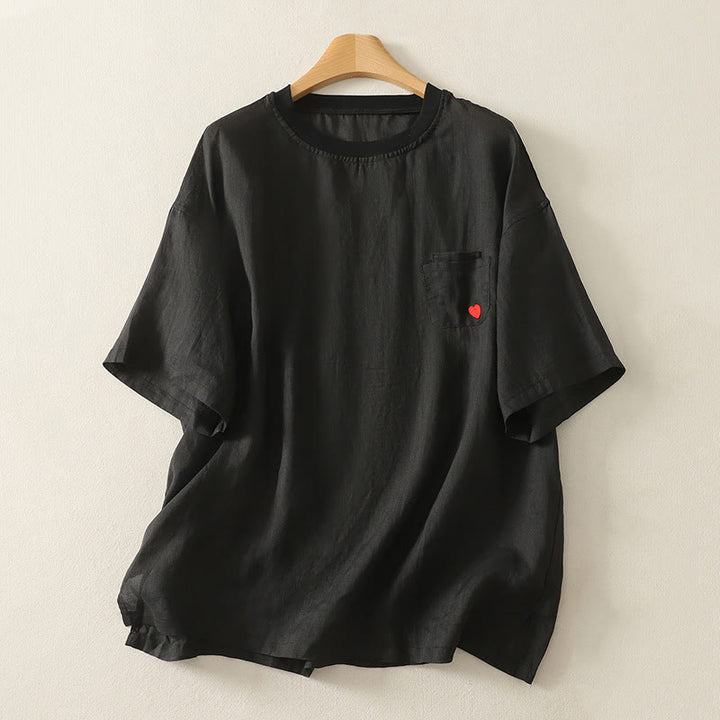 Camiseta de lino y algodón para mujer, de manga corta, con bordado informal de Buddha Stones y corazón rojo - Negro - US14，UK/AU18，EU46 (2XL) - image 13