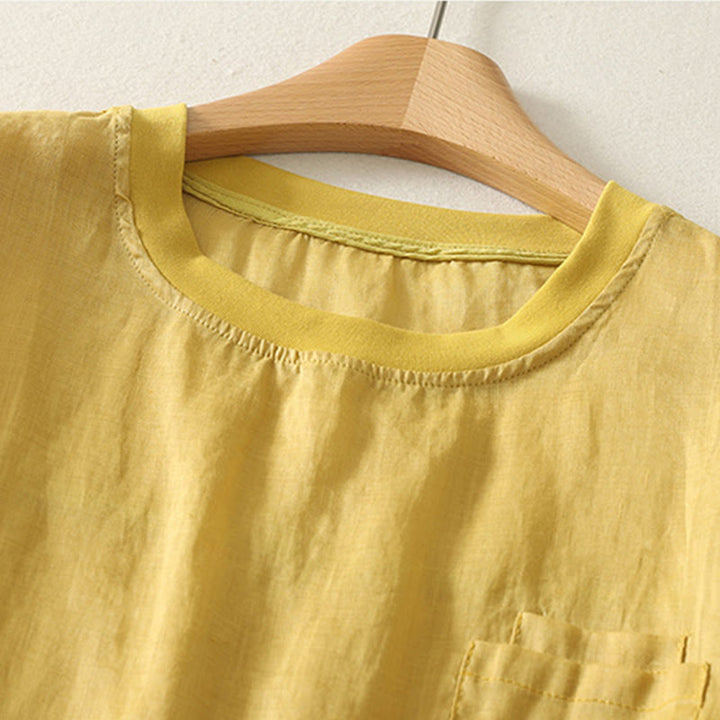 Camiseta de lino y algodón para mujer, de manga corta, con bordado informal de Buddha Stones y corazón rojo - image 10