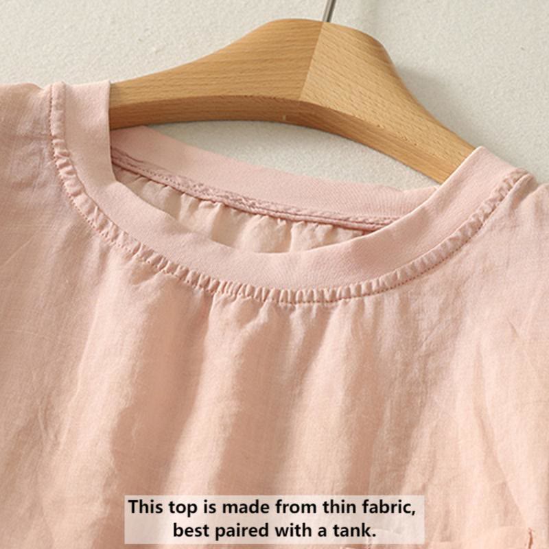 Camiseta de lino y algodón para mujer, de manga corta, con bordado informal de Buddha Stones y corazón rojo - image 1