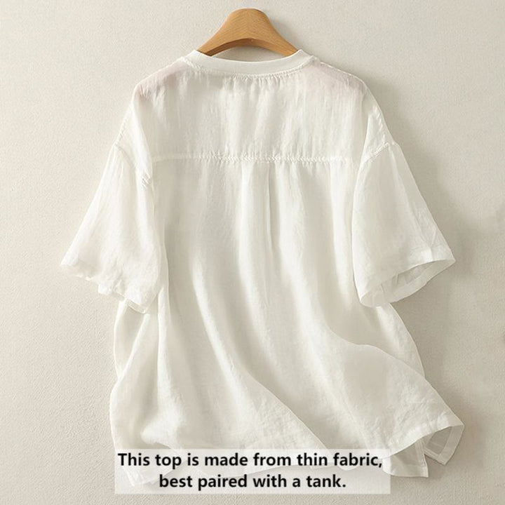 Camiseta de lino y algodón para mujer, de manga corta, con bordado informal de Buddha Stones y corazón rojo - image 4