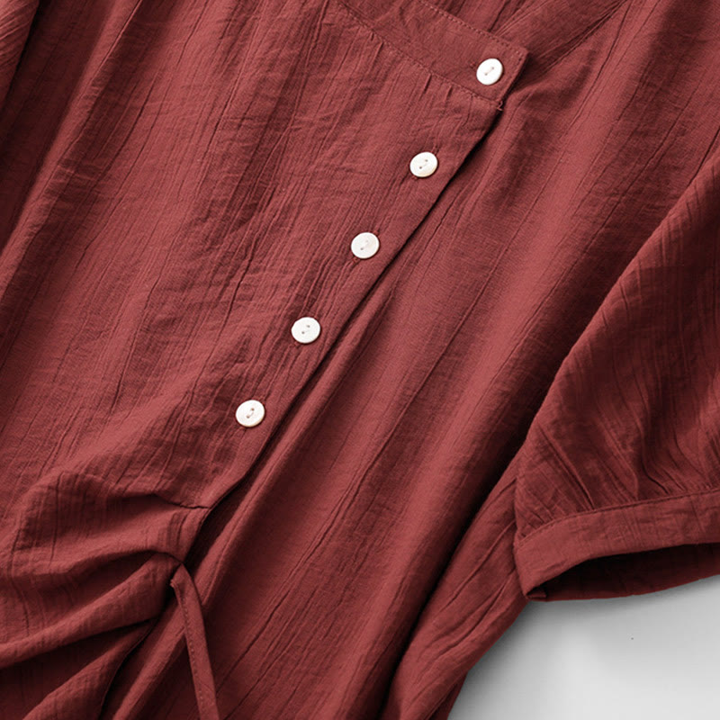 Camisa de algodón para mujer de manga corta abullonada, asimétrica, con cordones y diseño liso Buddha Stones - image 20