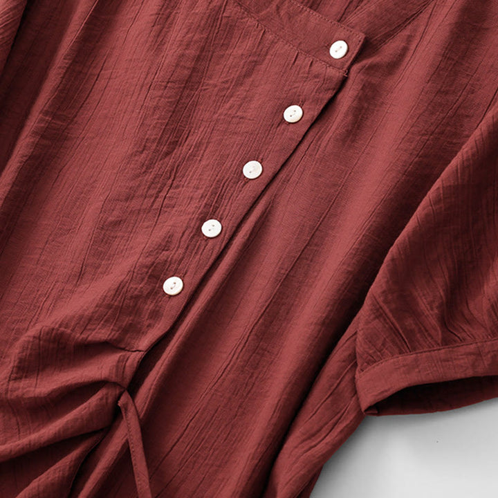 Camisa de algodón para mujer de manga corta abullonada, asimétrica, con cordones y diseño liso Buddha Stones - image 20