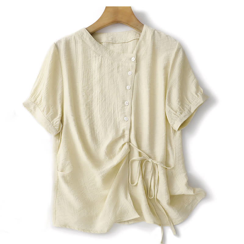 Camisa de algodón para mujer de manga corta abullonada, asimétrica, con cordones y diseño liso Buddha Stones - Amarillo vara de oro claro - US8-10，UK/AU12-14，EU40-42 (2XL) - image 8