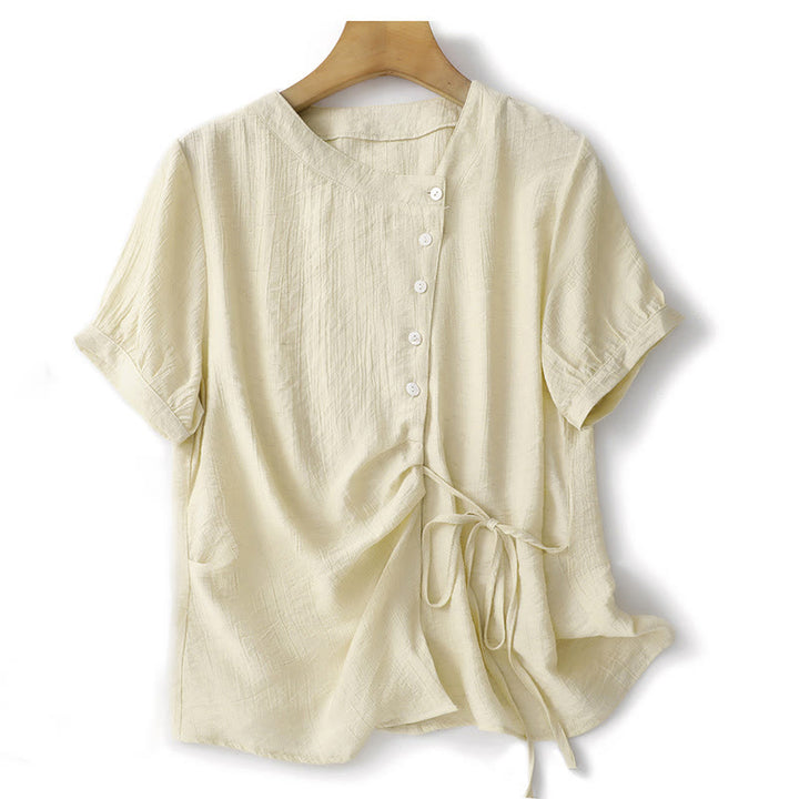 Camisa de algodón para mujer de manga corta abullonada, asimétrica, con cordones y diseño liso Buddha Stones - Amarillo vara de oro claro - US8-10，UK/AU12-14，EU40-42 (2XL) - image 8