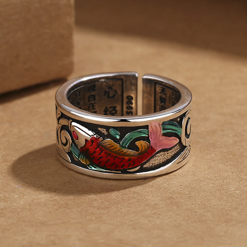 Anillo del Éxito con Pez Koi Esmaltado Azul y Piedras de Buda y Sutra del Corazón