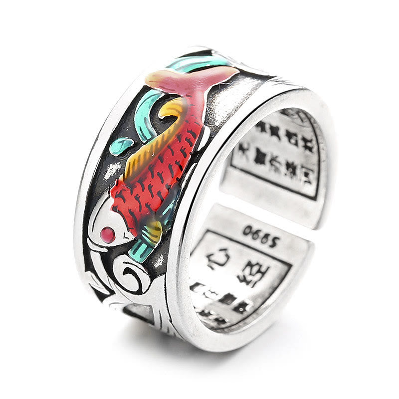 Anillo del Éxito con Pez Koi Esmaltado Azul y Piedras de Buda y Sutra del Corazón