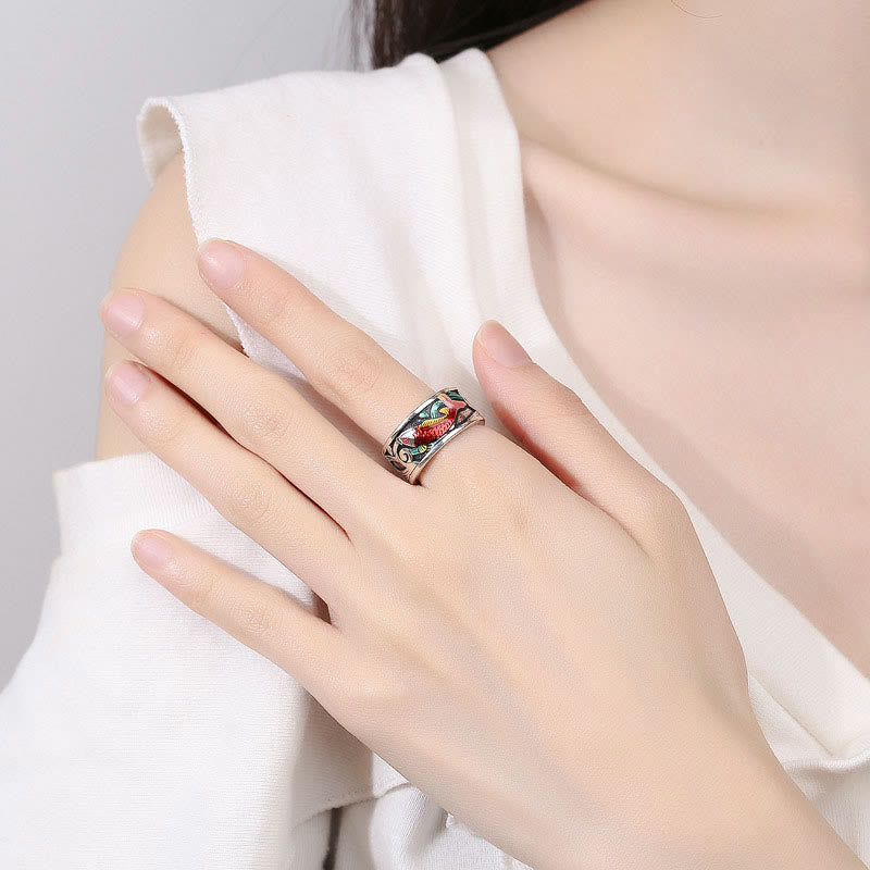 Anillo del Éxito con Pez Koi Esmaltado Azul y Piedras de Buda y Sutra del Corazón