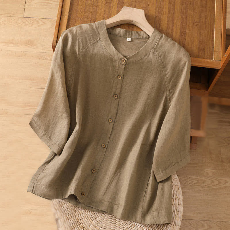 Camisa de lino y algodón con mangas tres cuartos para mujer con bolsillos Buddha Stones Daily - Broncearse - US14，UK/AU18，EU46 (2XL) - image 1