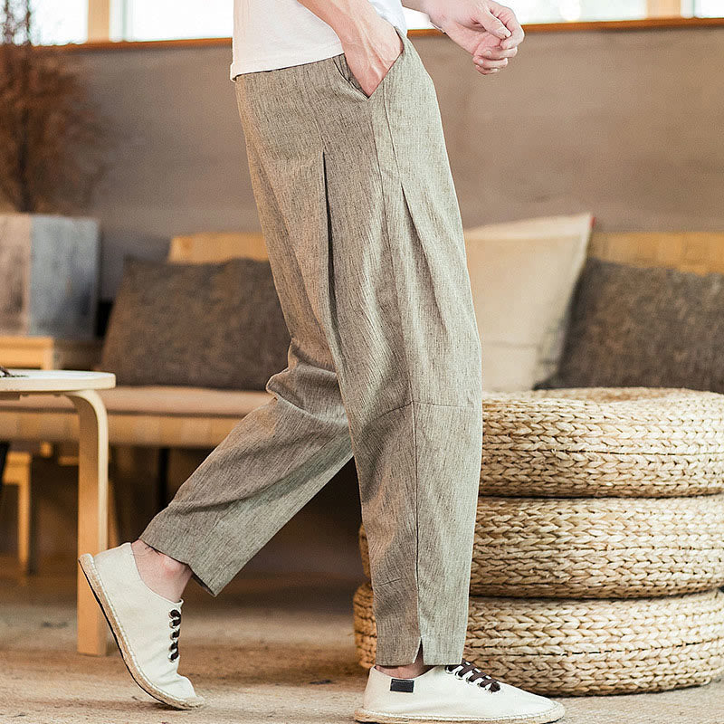 Pantalones de lino con cordón ajustable y bolsillos para hombre, de color liso, con Buddha Stones - image 2