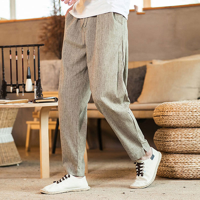 Pantalones de lino con cordón ajustable y bolsillos para hombre, de color liso, con Buddha Stones - Broncearse - US/UK/AU46, EU56 (5XL) - image 1