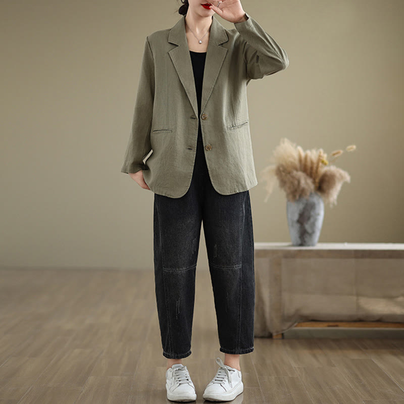 Chaqueta de lino y algodón de manga larga para mujer, color liso, con bolsillos , de Buddha Stones Spring - image 26