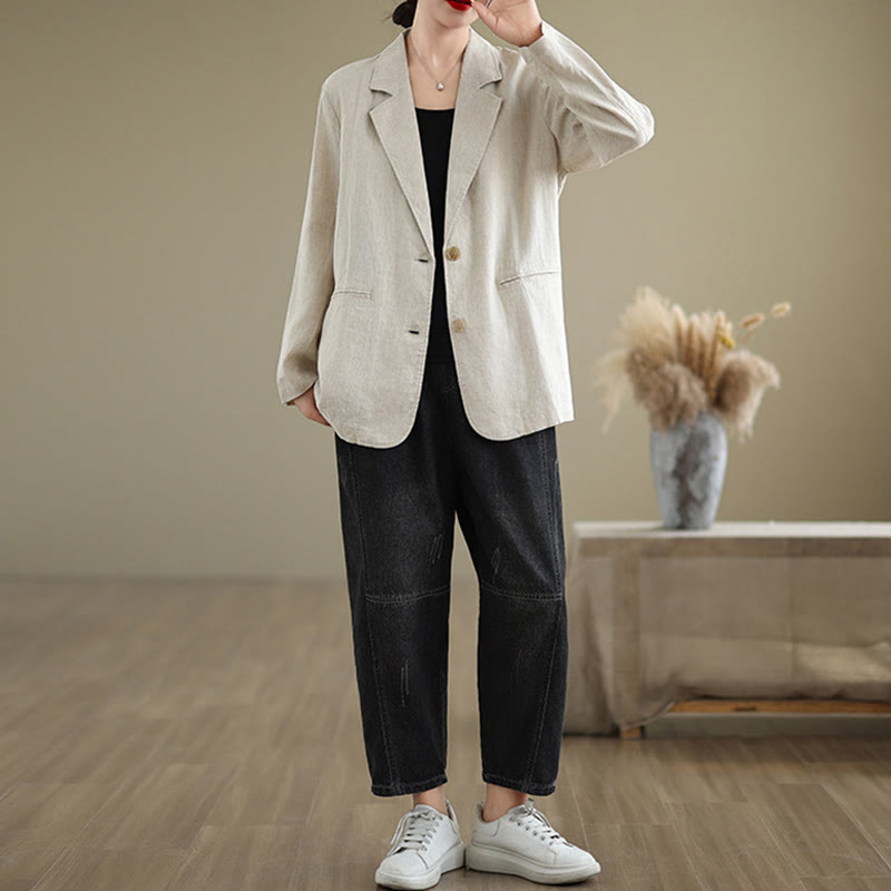 Chaqueta de lino y algodón de manga larga para mujer, color liso, con bolsillos , de Buddha Stones Spring - image 3