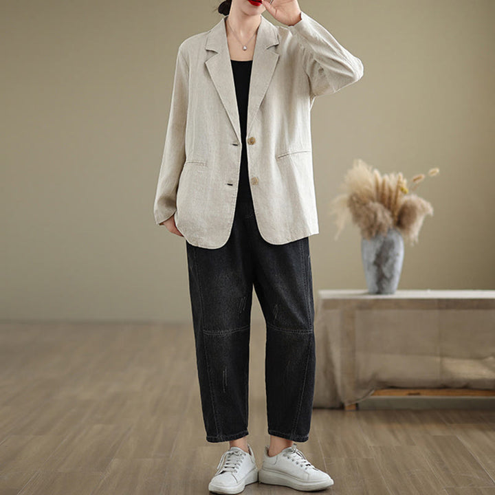 Chaqueta de lino y algodón de manga larga para mujer, color liso, con bolsillos , de Buddha Stones Spring - image 3