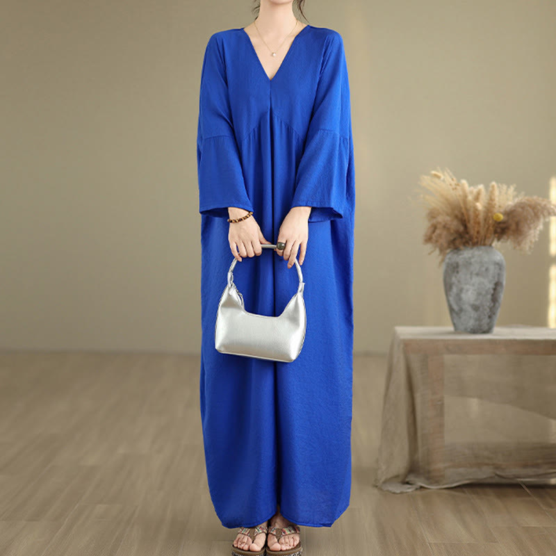 Vestido midi de algodón con cuello en V y manga larga en color puro de Buddha Stones Fall - image 15