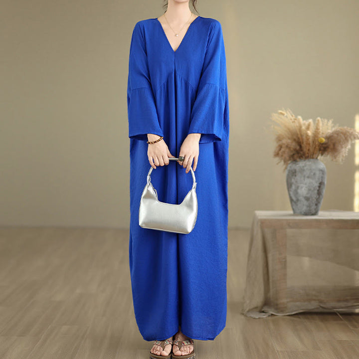 Vestido midi de algodón con cuello en V y manga larga en color puro de Buddha Stones Fall - image 15
