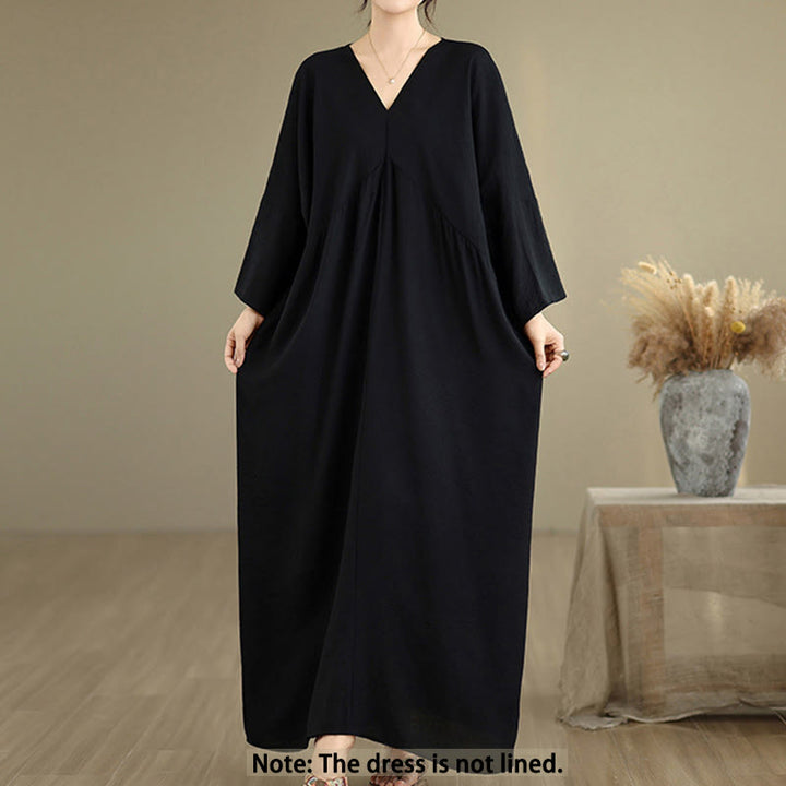 Vestido midi de algodón con cuello en V y manga larga en color puro de Buddha Stones Fall - image 1