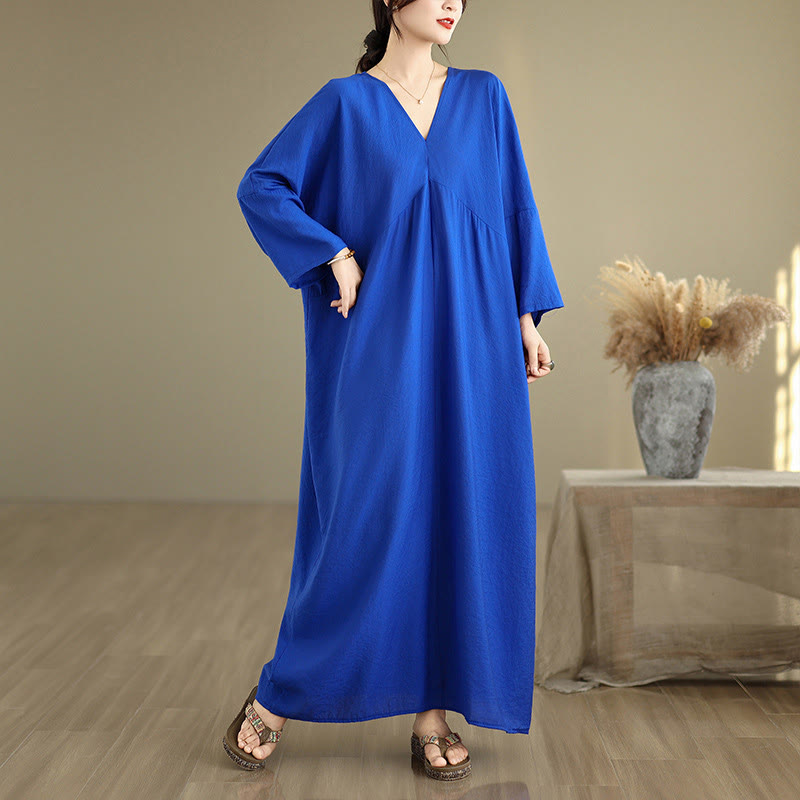Vestido midi de algodón con cuello en V y manga larga en color puro de Buddha Stones Fall - Azul - US4-12, UK/AU8-18, UE36-46(F) - image 11
