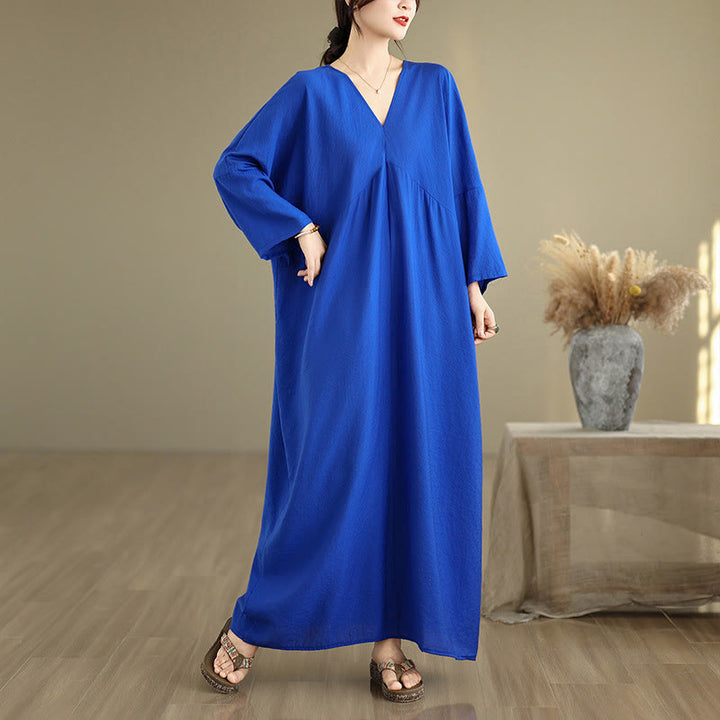 Vestido midi de algodón con cuello en V y manga larga en color puro de Buddha Stones Fall - Azul - US4-12, UK/AU8-18, UE36-46(F) - image 11