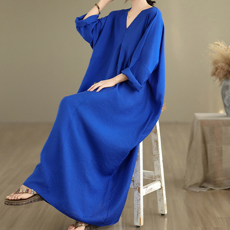Vestido midi de algodón con cuello en V y manga larga en color puro de Buddha Stones Fall - image 16