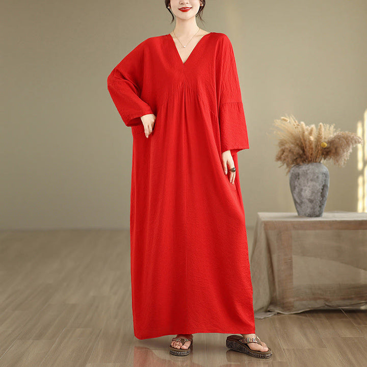 Vestido midi de algodón con cuello en V y manga larga en color puro de Buddha Stones Fall - Rojo - US4-12, UK/AU8-18, UE36-46(F) - image 7