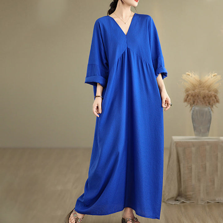 Vestido midi de algodón con cuello en V y manga larga en color puro de Buddha Stones Fall - image 14