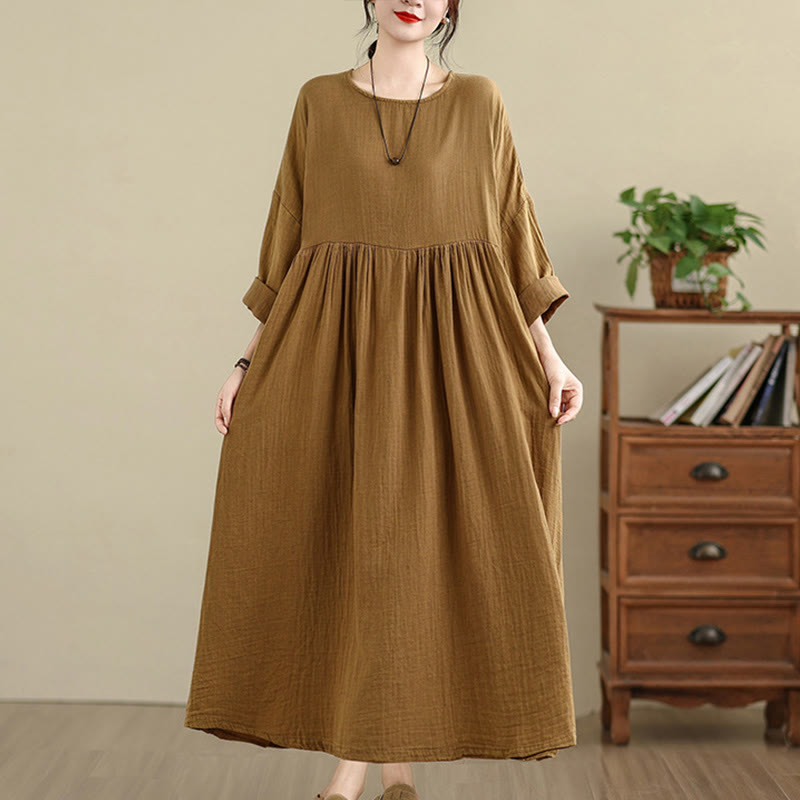 Vestido midi de lino y algodón de manga larga con bolsillos y estampado de Buddha Stones Commute en color puro - Vara de oro - US4-12, UK/AU8-18, UE36-46(F) - image 0