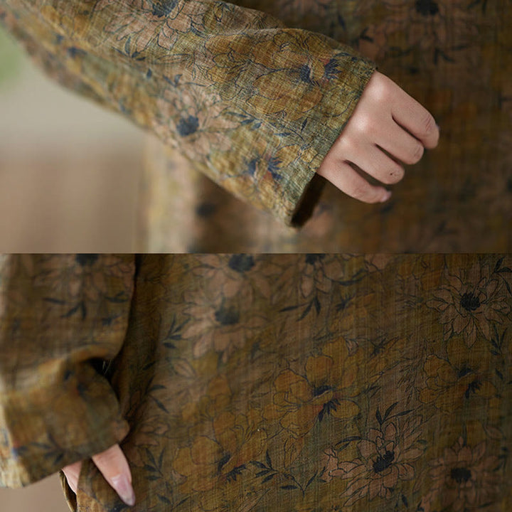 Vestido largo de lino y algodón con estampado floral de oliva y Buddha Stones , de manga larga y bolsillos - image 11