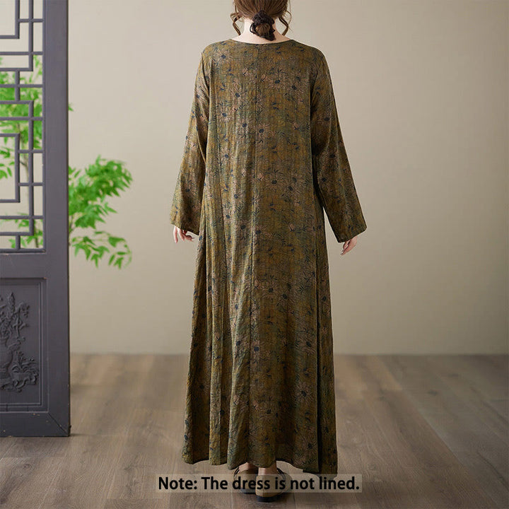 Vestido largo de lino y algodón con estampado floral de oliva y Buddha Stones , de manga larga y bolsillos - image 1