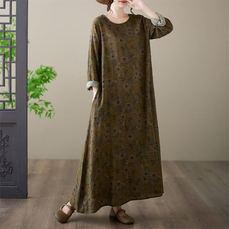 Vestido largo de lino y algodón con estampado floral de oliva y Buddha Stones , de manga larga y bolsillos - image 2
