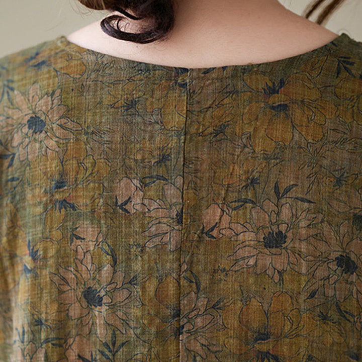 Vestido largo de lino y algodón con estampado floral de oliva y Buddha Stones , de manga larga y bolsillos - image 8