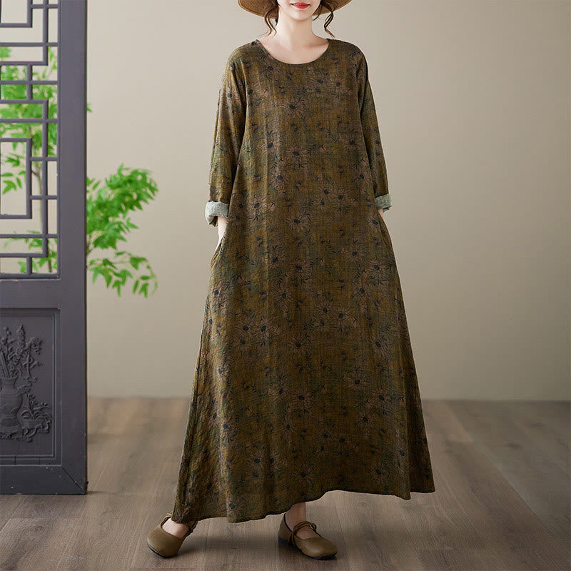 Vestido largo de lino y algodón con estampado floral de oliva y Buddha Stones , de manga larga y bolsillos - Aceituna - US14, UK/AU18, EU46 (3XL) - image 0