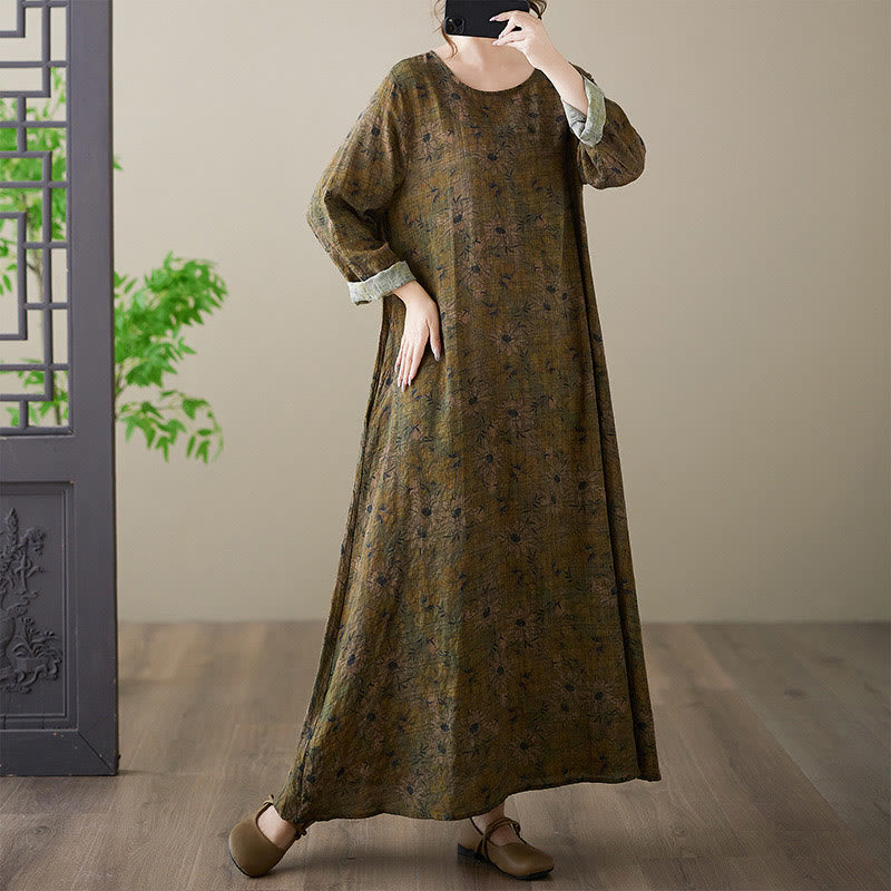 Vestido largo de lino y algodón con estampado floral de oliva y Buddha Stones , de manga larga y bolsillos - image 3