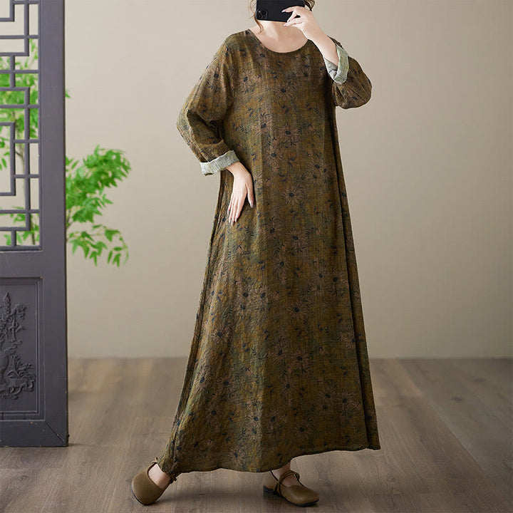 Vestido largo de lino y algodón con estampado floral de oliva y Buddha Stones , de manga larga y bolsillos - image 3