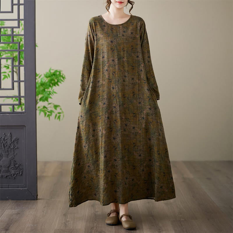 Vestido largo de lino y algodón con estampado floral de oliva y Buddha Stones , de manga larga y bolsillos - image 4