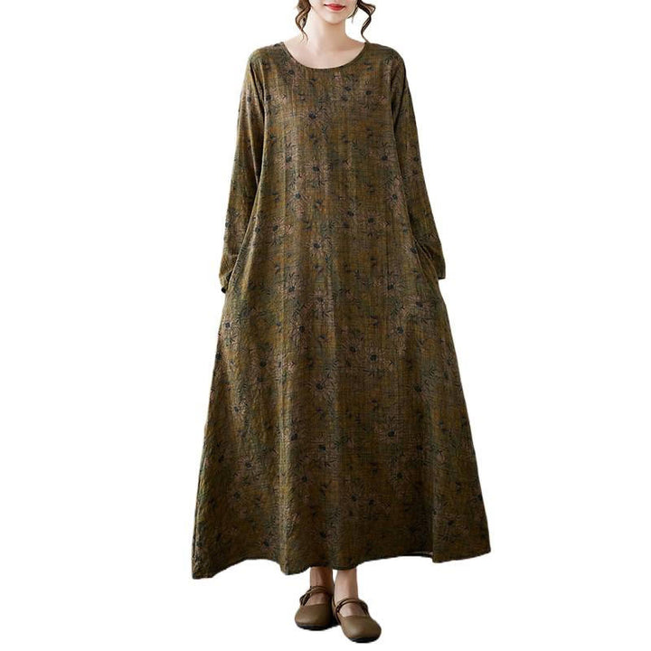 Vestido largo de lino y algodón con estampado floral de oliva y Buddha Stones , de manga larga y bolsillos - image 12