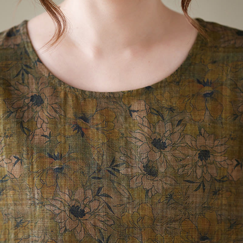 Vestido largo de lino y algodón con estampado floral de oliva y Buddha Stones , de manga larga y bolsillos - image 7
