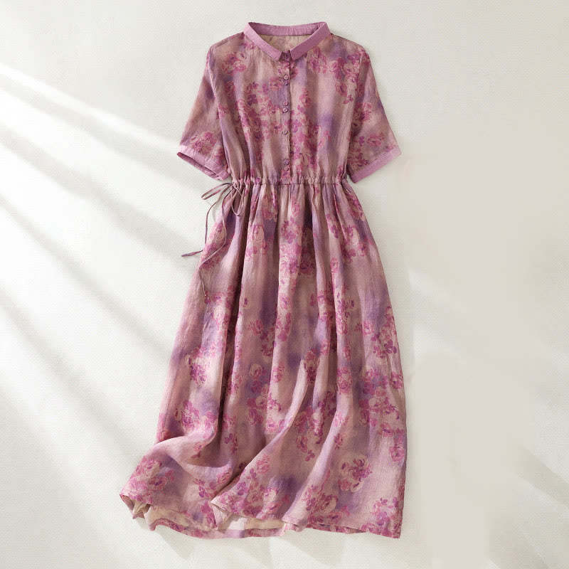 Vestido midi de manga corta con cintura alta, estampado de Buddha Stones, botones, cordón ajustable y bolsillos. - Rojo violeta pálido - US8-10，UK/AU12-14，EU40-42 (2XL) - image 20