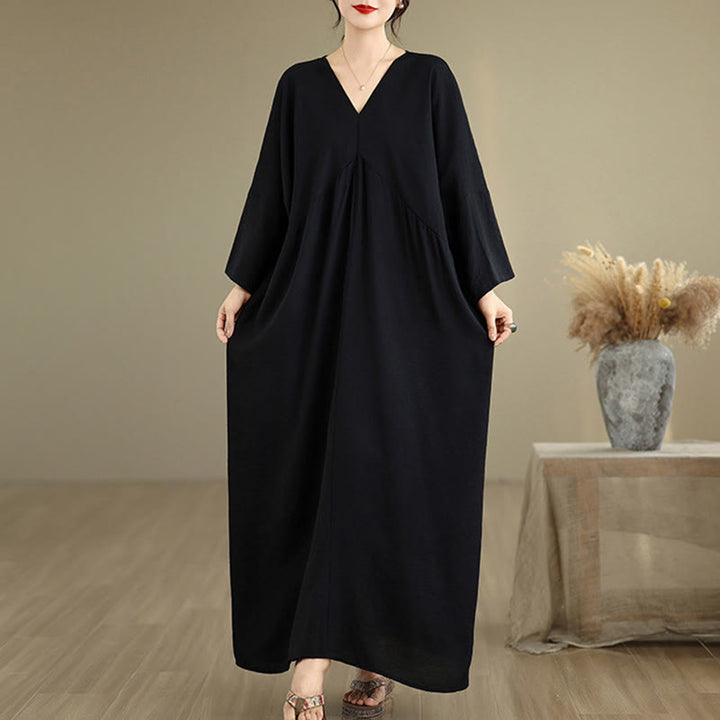 Vestido midi de algodón con cuello en V y manga larga en color puro de Buddha Stones Fall - Negro - US4-12, UK/AU8-18, UE36-46(F) - image 0