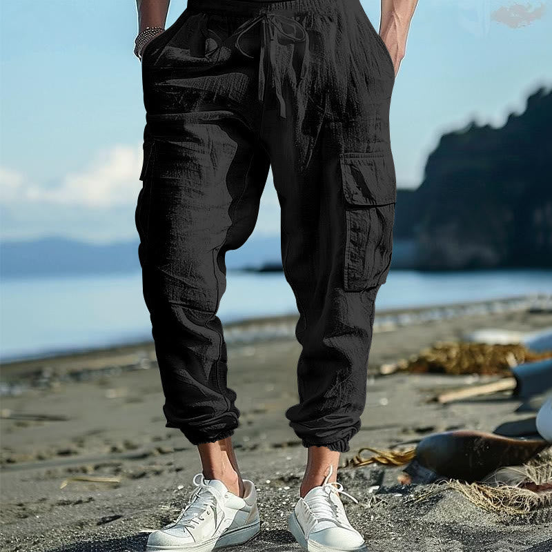 Pantalones cargo de lino con cordón y bolsillos para hombre, de color liso, con Buddha Stones - Negro - US/UK/AU46, UE56 (3XL) - image 1